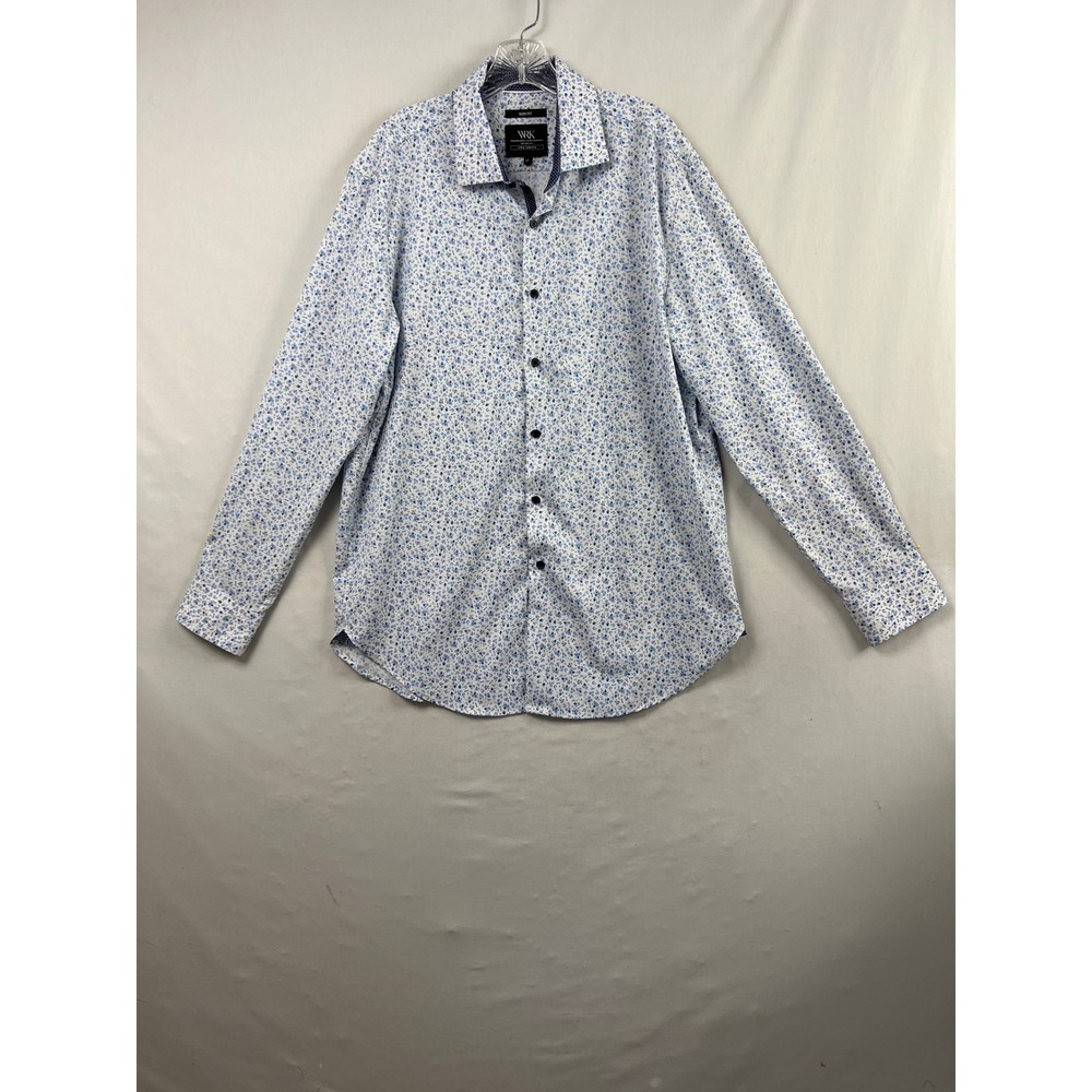 WRK Slim Fit Shirt Men 17 Blue Floral 4-Way Stretch Long Sleeve Excellent Button
